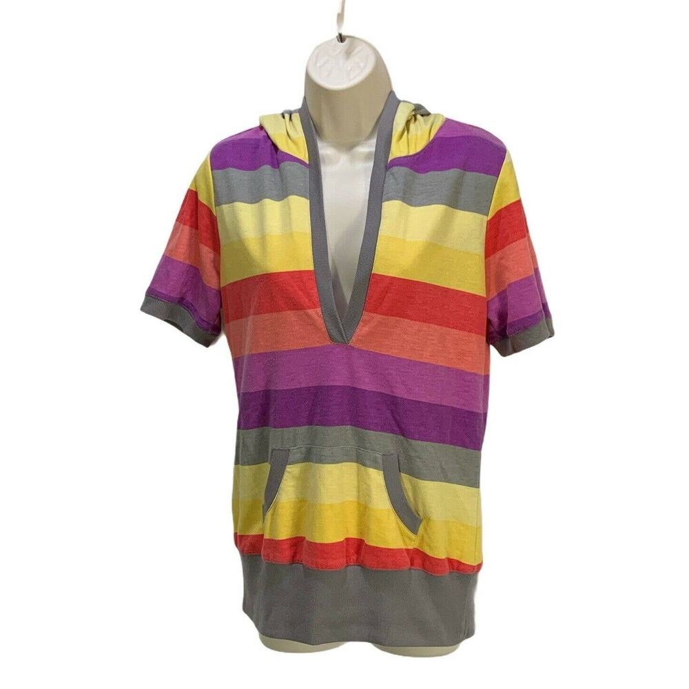Maurices Women's Hooded Top Shirt Size Large Colorblock V Neck Short Sleeve